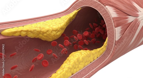 Close-up of a human artery cross-section showing thick yellow plaque buildup on the inner walls restricting the flow of red blood cells, vascular, chronic, narrowing