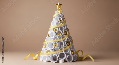 Festive Christmas tree crafted from stacked white paper rolls, adorned with elegant gold ribbons and accents over a soft taupe backdrop, gold, studio, festive