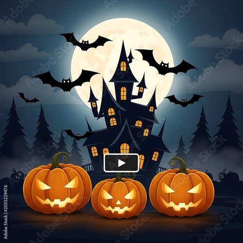 Spooky haunted mansion with glowing pumpkins & bats under full moon