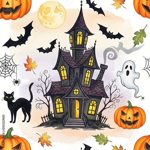 Spooky haunted mansion with pumpkins, bats, ghost, cat, and moon