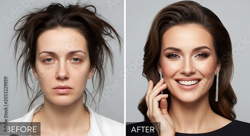 Split image disheveled woman before makeup transformation into glamorous, smiling woman