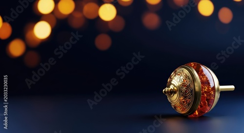 Stunning dark navy blue backdrop adorned with elegant gold and orange bokeh light effects, creating a festive abstract blurred glitter style, focus, illumination, glitter
