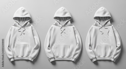 Three blank white cotton hoodies with hoods up arranged in a clean horizontal line against a neutral background for apparel mockup display, mockup, fleece, garment