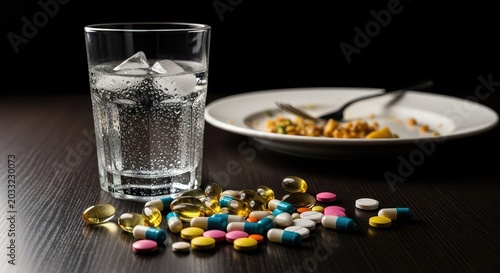 Unorganized capsules and round pills rest on a dark wooden surface beside a cold glass of water and an untouched meal in a dimly lit room, pharmaceutical, pills, treatment