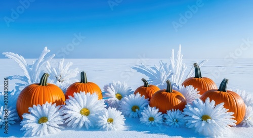 Vibrant orange pumpkins rest amidst crystalline ice flowers and frost in a vast blue winter landscape creating a cold seasonal atmosphere, december, winter, glistening