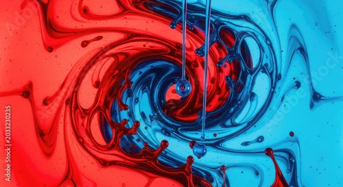 Vibrant red and blue fluids intertwine in a hypnotic display of liquid motion, creating a dynamic and colorful abstract art background, intense, artistic, colorful