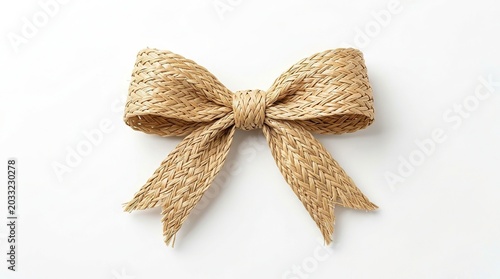 Woven straw bow tie isolated on plain white background featuring intricate braided texture and natural fiber material for fashion accessories and rustic decoration.