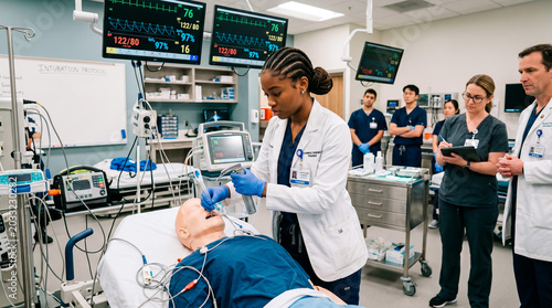 Medical students practice intubation on a mannequin in a simulation lab