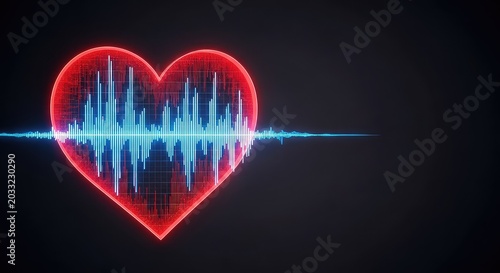 Vibrant red heart shape merged with a digital audio waveform on a dark background, representing a rhythmic heartbeat and sound frequency, sound, dark, futuristic