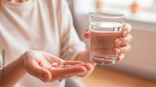 Woman holding a pill and a glass of water, ready to take medication