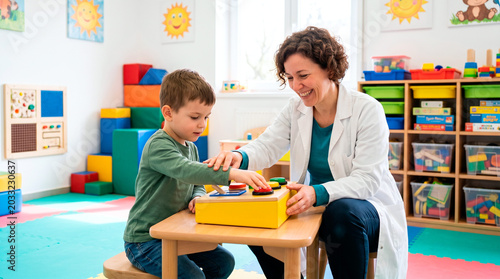 Therapist guides child playing with educational toy in bright therapy room