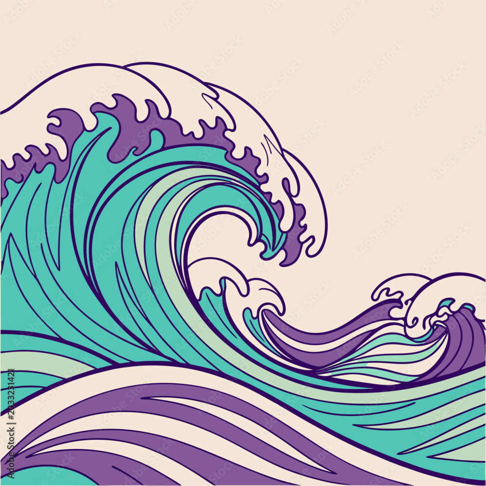 Fototapeta premium Stylized illustration of raging ocean waves in japanese art style with turquoise and purple tones japanese abstract