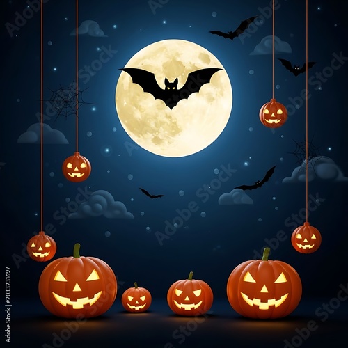 Spooky night with glowing jack-o'-lanterns, bats, and a large full moon