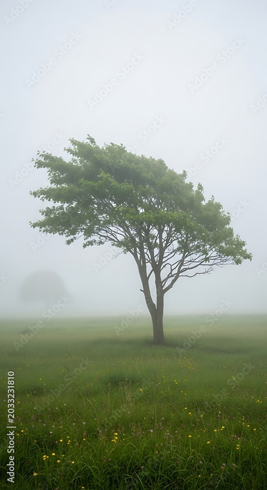 Fototapeta premium Solitary tree emerges from misty, green field dotted with small wildflowers