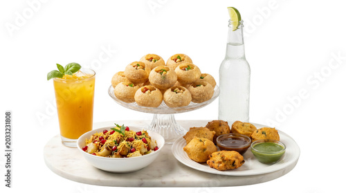 Traditional Indian street food platter with pani puri, crispy aloo chaat, and fried pakora snacks, refreshing orange juice and bottled water isolated PNG with Transparent Background
