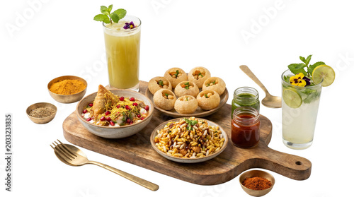 Traditional Indian street food snacks platter, pani puri and samosa chaat with refreshing mojito drinks, authentic spicy appetizers on wooden board isolated PNG with Transparent Background