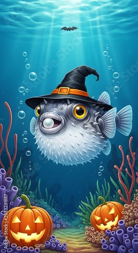 Spooky pufferfish in witch hat with pumpkins underwater, Halloween theme