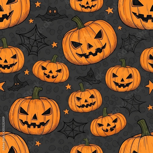 Spooky pumpkins, bats, and cobwebs create a seamless, eerie Halloween pattern