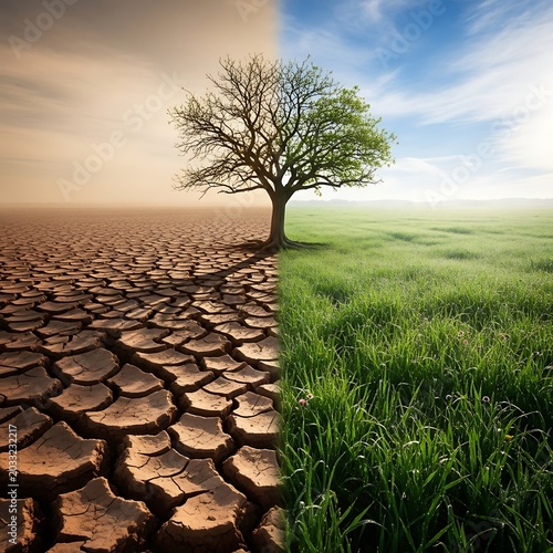 Split scene Barren cracked earth meets vibrant green grassland, one tree bridging both