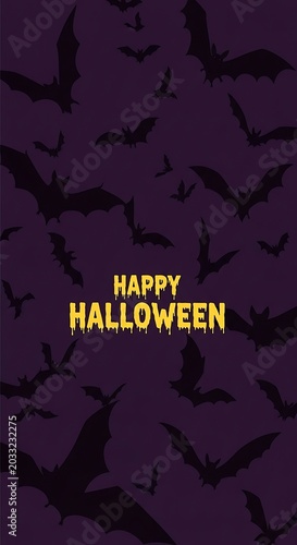 Spooky purple background with flying bats and dripping yellow 
