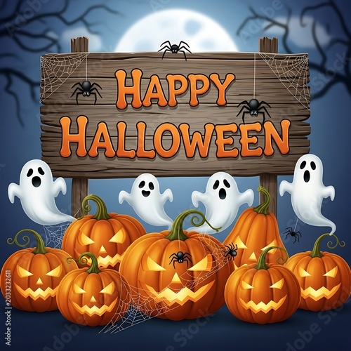 Spooky scene with carved pumpkins, ghosts, spiders, and moonlit sign