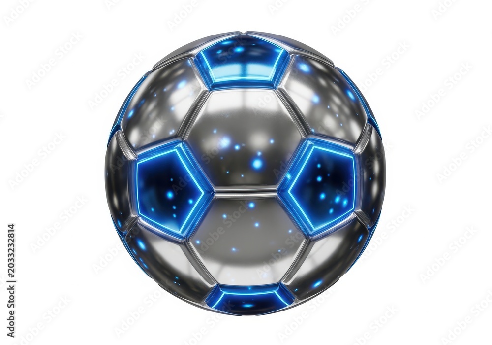 Naklejka premium Shiny metallic soccer ball with glowing blue neon accents on a white background