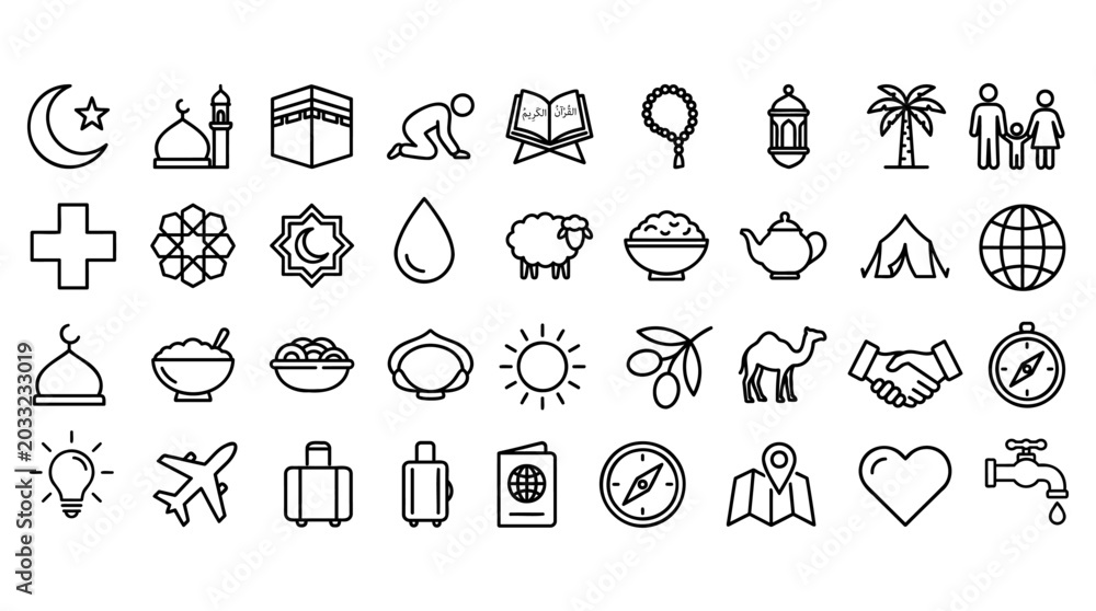 Fototapeta premium Collection of diverse outline style icons representing various islamic traditions and cultural travel symbols for modern creative graphic design projects