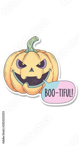 Spooky, smiling pumpkin with cartoon face and 