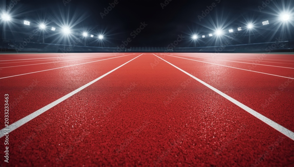 Fototapeta premium Vacant red track with white lines stretching ahead. Pristine athletic field without any spectators. Sports backdrop idea for contests, exercise, or inspiration themes.
