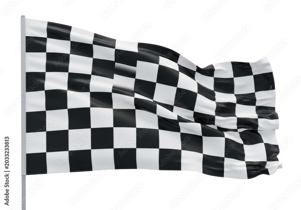 Obraz premium Waving checkered racing flag on a pole, isolated on a white background