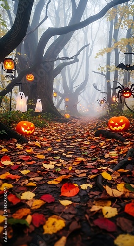 Spooky autumn forest path with pumpkins, ghosts, and spiders, lit by lanterns