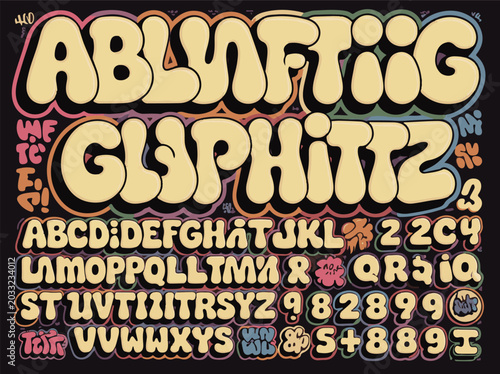Graffiti Bubble Font Alphabet Set, Retro Street Art Typography Vector
