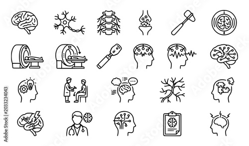 Photography A black and white vector illustration featuring a set of 20 neurology icons arranged in a clean grid on a solid white background