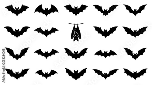 Fotografi Collection of diverse flying bat silhouettes and one hanging creature isolated f