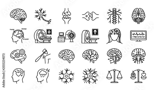 Vászonkép Monochrome neurology and neuroscience icon collection with medical diagnostic ou