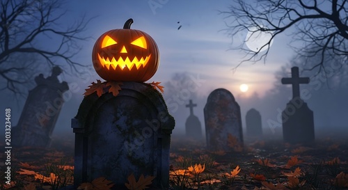 Spooky carved pumpkin glows on tombstone, misty graveyard with tombstones, moonlit night