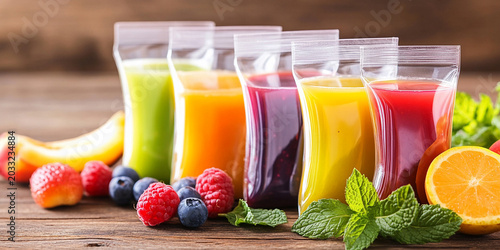 Colorful juices in clear pouches with fruits on a wooden table Generative AI