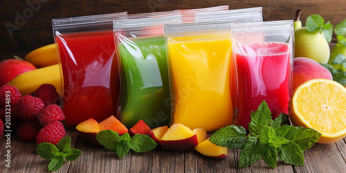 Colorful juices in clear pouches on wooden table Generative AI