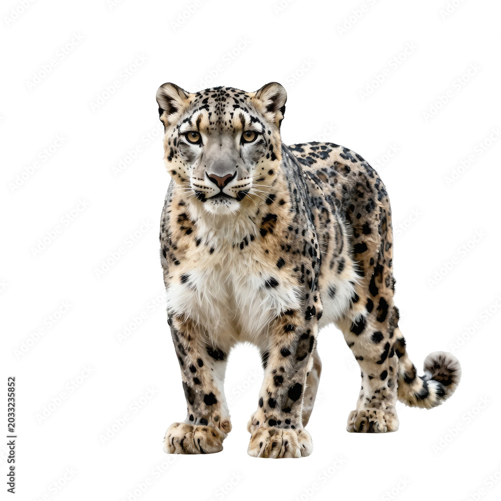Naklejka premium Full body snow leopard stands facing forward looking at the viewer in studio shot