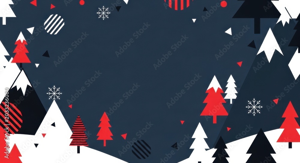 Fototapeta premium Modern winter landscape frame with red and black geometric trees and snowy mountain peaks.