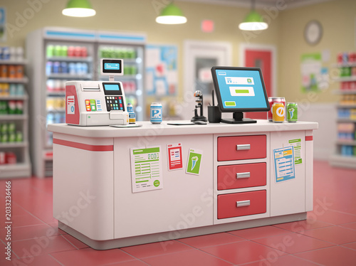 A 3D cartoon-style convenience store checkout counter displays registers, fridges, and colorful canned goods.