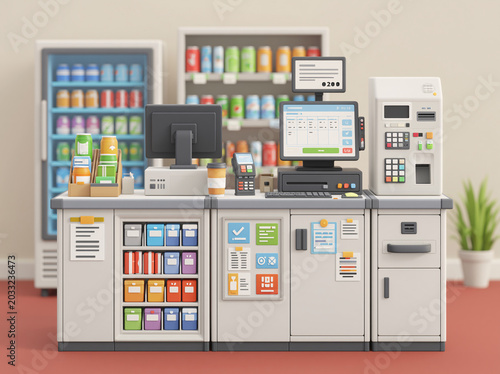 A 3D cartoon-style convenience store checkout counter displays registers, fridges, and colorful canned goods.