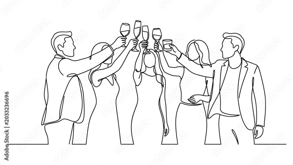 Obraz premium continuous line art A group of business people toasting with glasses.