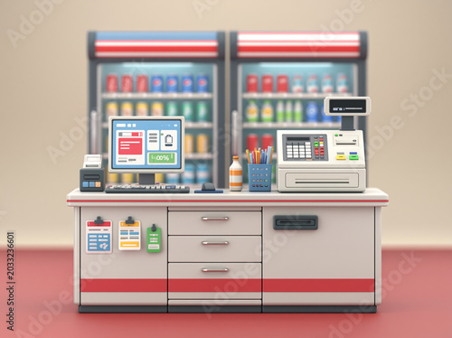 A 3D cartoon-style convenience store checkout counter displays registers, fridges, and colorful canned goods.