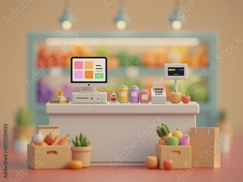 A 3D cartoon-style convenience store checkout counter displays registers, fridges, and colorful canned goods.
