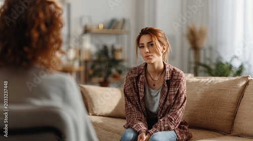 A woman sits on a couch talking to another person in a cozy living room with a calm atmosphere.
