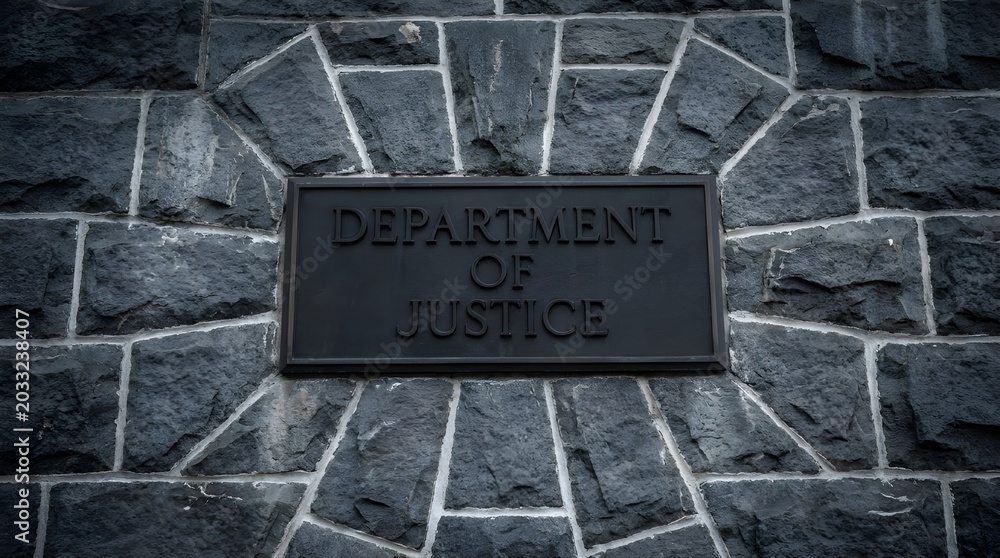 Obraz premium Official Government Plaque Displaying 'Department of Justice' Text on a Robust Stone Wall Facade, Highlighting Institutional Authority and Architectural Detail