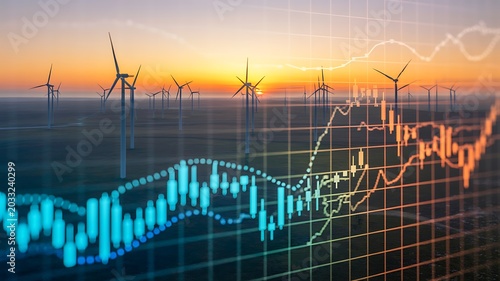 Sustainable energy market trends visualized with digital financial charts overlaid on a wind farm landscape at sunrise, depicting economic growth and environmental commitment