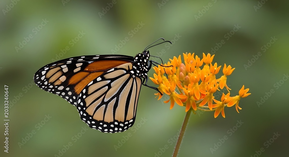 Obraz premium Monarch butterfly danaus plexippus feeding on orange butterfly weed flowers in a summer garden