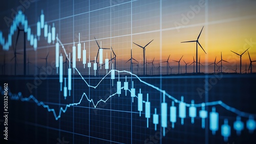 Digital financial charts illustrate renewable energy market trends and investment growth. Data overlays a wind farm, symbolizing a sustainable economic future